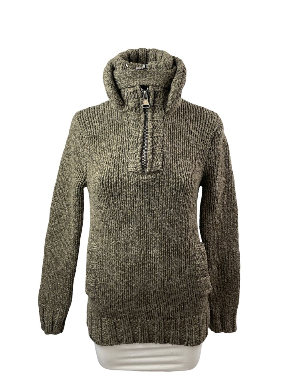 Superdry Co Women's Green Ribbed Knit Stand Collar 1/4 Zip Sweater Top Size S